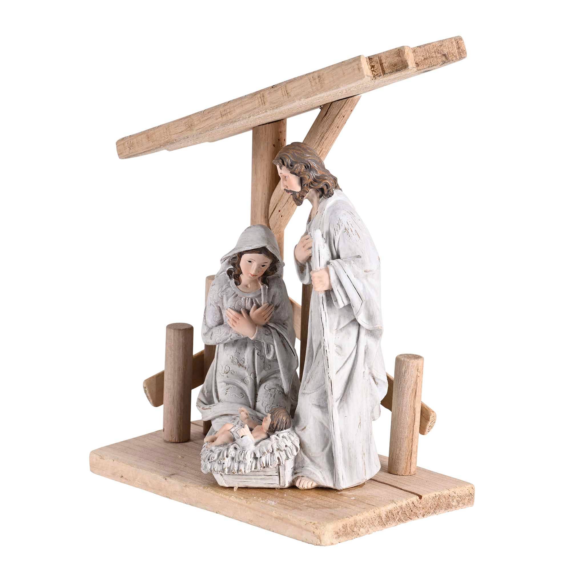 Nativity Holy Family in Wooden Creche 8"H