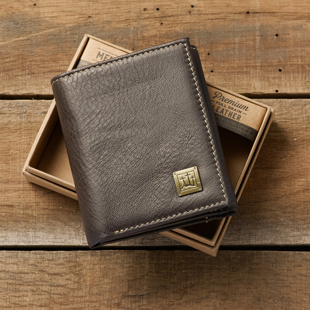 Three Crosses Espresso Brown Full Grain Leather Trifold Wallet