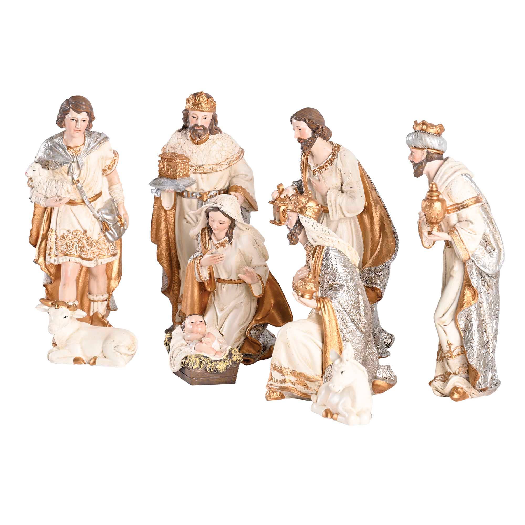 Nativity Family Wisemen Animal Gold 7.75"H