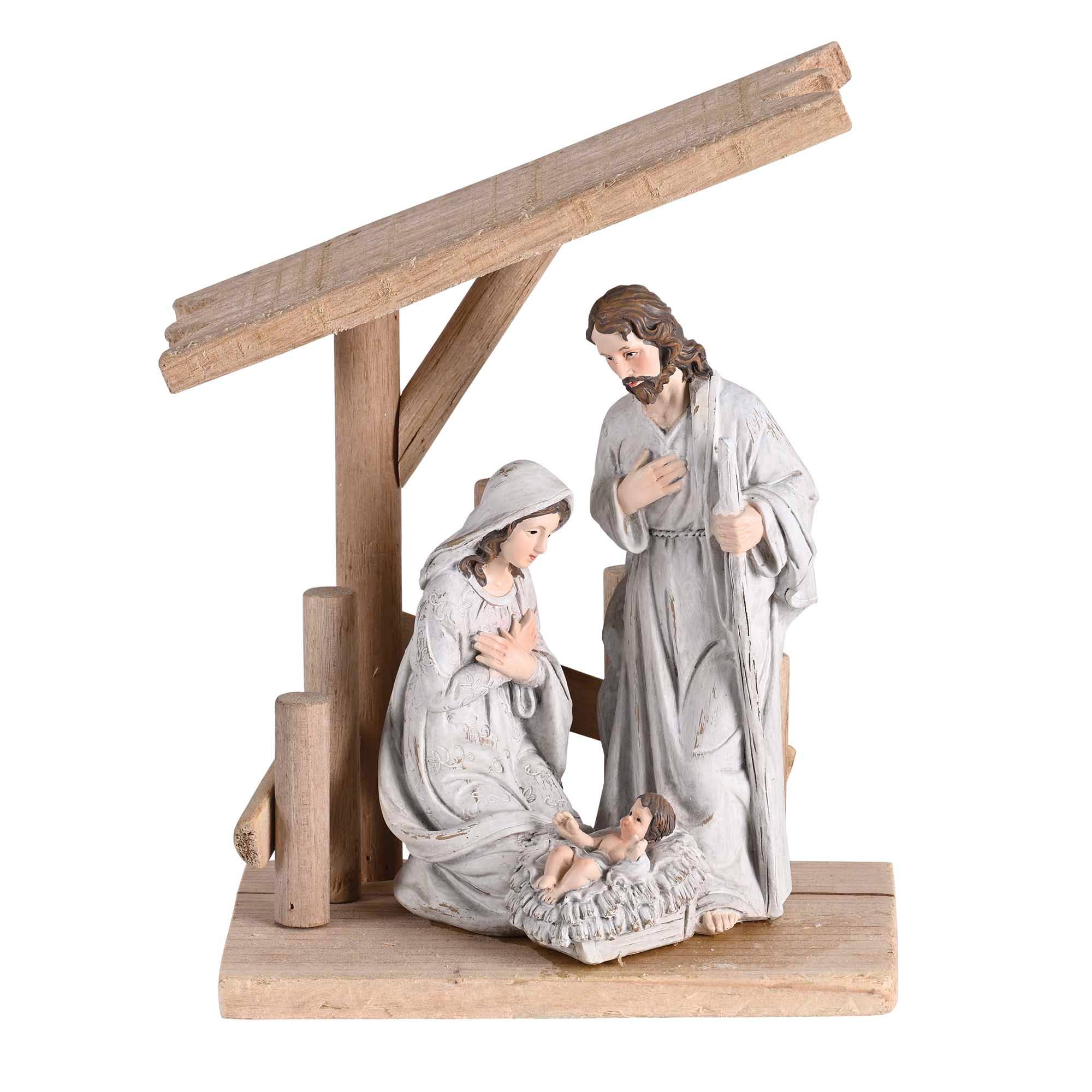 Nativity Holy Family in Wooden Creche 8"H